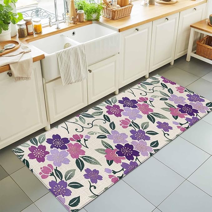 Runner Rug for Bedroom Hallway, Watercolor Country Flowers Kitchen Runner Rugs Area Rug 2x6ft, Plum Blossoms on Linen Washable Soft Floor Carpet for Entryway Stair