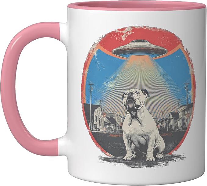 Retro UFO Bulldog Abduction Vintage Sci Fi Alien Invasion Ceramic Mug, Pink/White