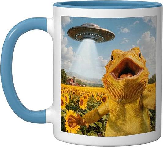 Funny Bearded Dragon Selfie with Alien UFO Ceramic Mug, Blue/White