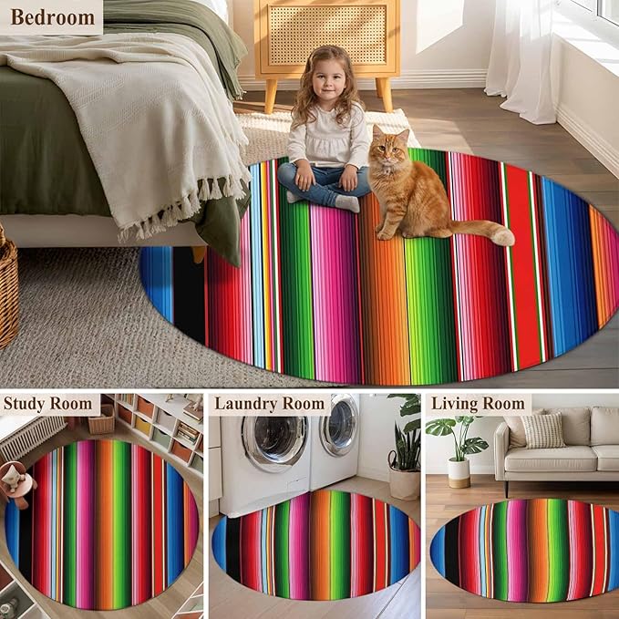 Washable Round Area Rug Mexico Art Colorful Stripes Circle Rugs Floor Carpet for Living Room Bedroom, Color Gradient Lines Soft Non Slip Round Rug 3ft