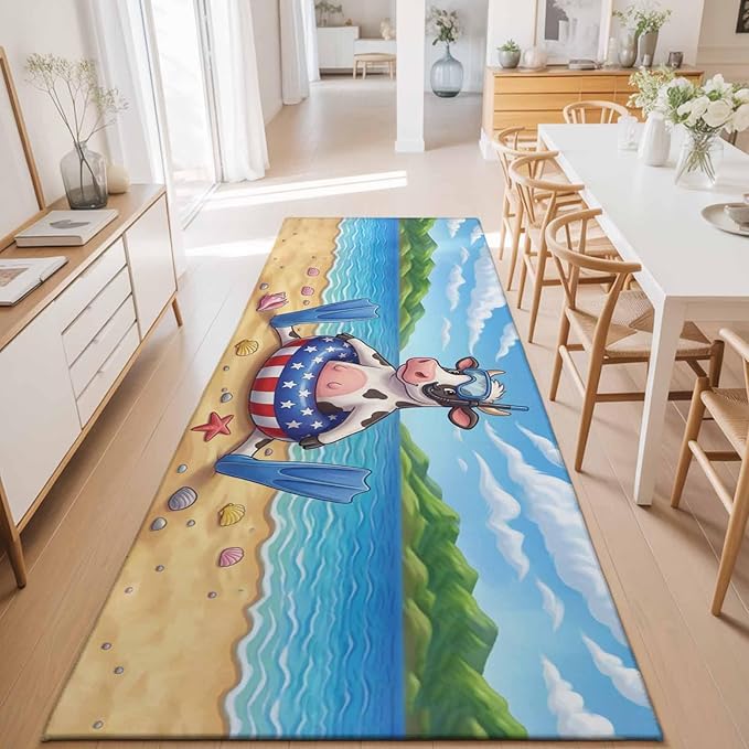 Runner Rug for Bedroom Hallway, Summer Beach Snorkeling Cow Kitchen Runner Rugs Area Rug 2x6ft, Ocean Starfish Funny Animal Art Washable Soft Floor Carpet for Entryway Stair