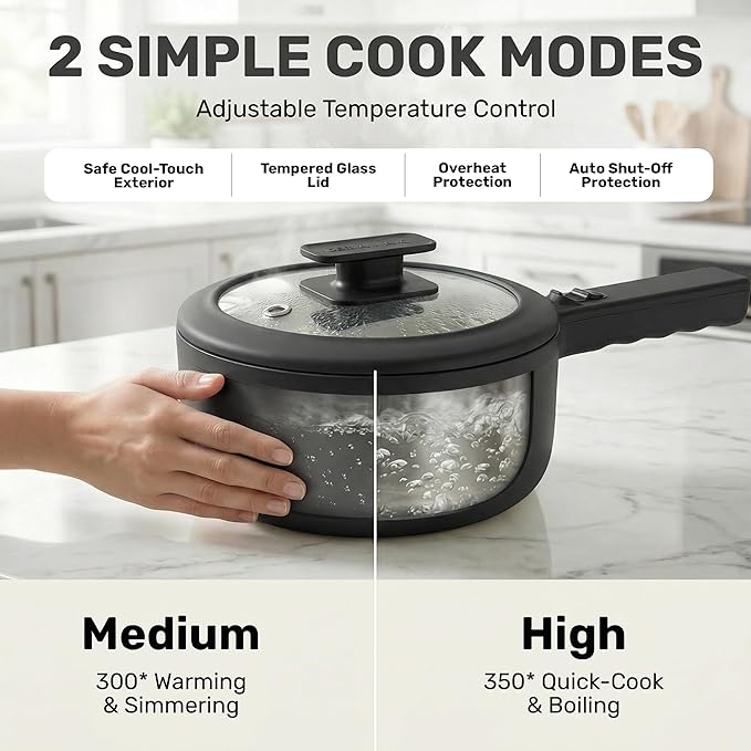 Hot Pot Electric 1.5L CERAMAX, Non-Toxic Ceramic Noodle Cooker Skillet with Steamer & Lid for Ramen, Pasta, Eggs, Soup - Fast Heating, Portable for Dorms, Camping, RVs, Office, Adjustable Temperature