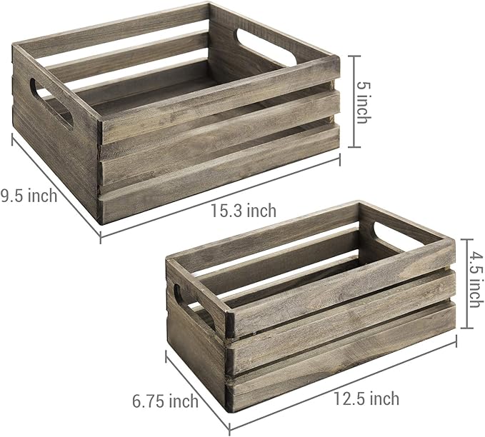 MyGift Rustic Brown Wood Decorative Storage Boxes with Cutout Handles - Country Style Nesting Crates, Open Top Pallet Design Bins, Set of 2