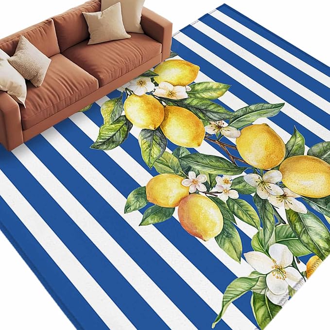 Area Rug 6x9ft, Summer Lemon Green Leaves Watercolor Washable Rugs for Living Room Bedroom, Blue Stripe Soft Non-Slip Area Rugs Rectangle Floor Carpet for Dining Room