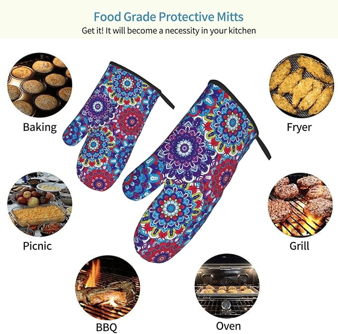 Boho Floral Oven Mitts of 2 Pack, Funny Kitchen Gloves Heat Resistant Non-Slip Kitchen Mitts for Cooking Baking Grilling