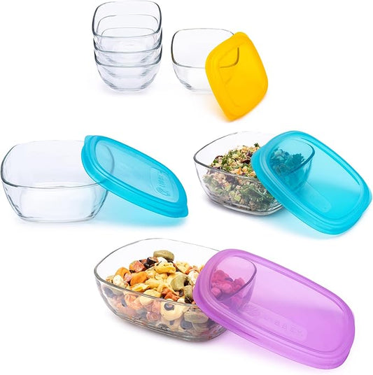 Libbey Serve It 14 Piece Glass Storage Container Set with 2 Cup, 6 Cup, and 8 Cup Bowls and Multi Color Lids