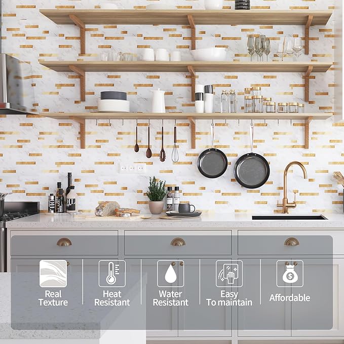 Yipscazo Peel and Stick Stone Metal Backsplash, Stick on Tiles for Backsplash Kitchen (White Stone with Gold, 20-Pack)