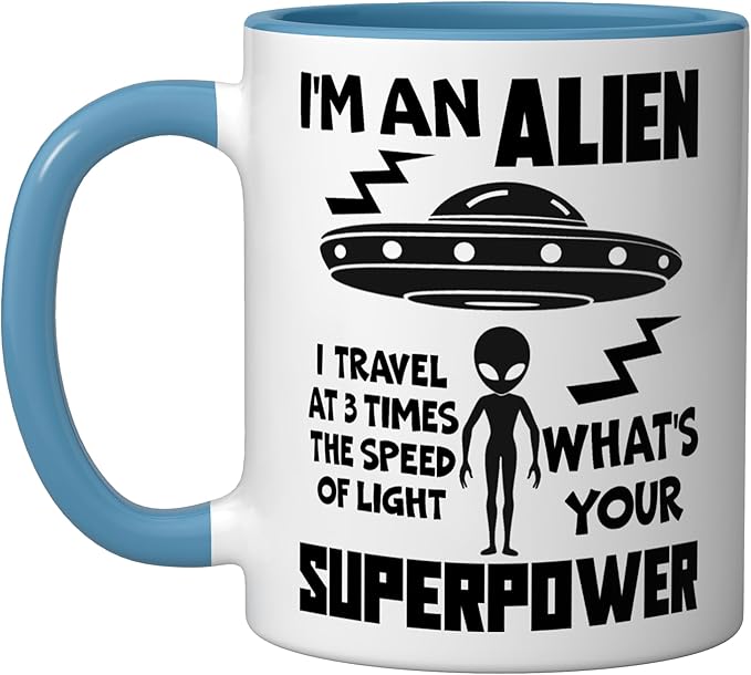I'm An Alien Silhouette First Contact Space Apparel Ceramic Mug, Blue/White