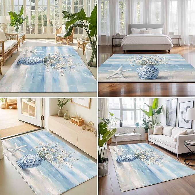 Area Rug 8x10ft, Summer Beach Starfish Flower Washable Rugs for Living Room Bedroom, Marine Theme Daisy Vase Soft Non-Slip Area Rugs Rectangle Floor Carpet for Dining Room
