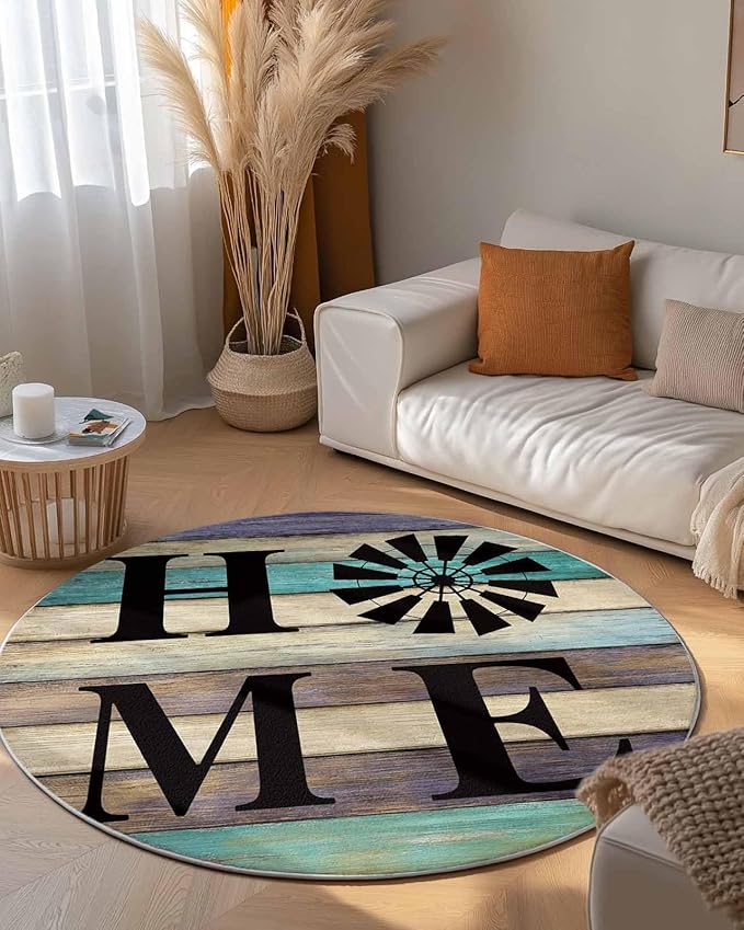 Round Area Rug,Farm Home Windmill Circle Living Room Rug Non-Slip Rugs Indoor Carpet,Farmhouse Vintage Wood Board Soft Comfort Rugs for Bedroom KidsRoom Nursery
