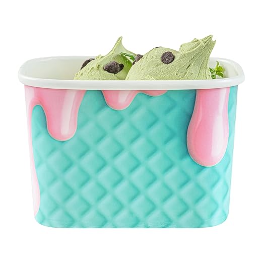 Restaurantware Paper Cups 200 Count 12 Ounce Square Disposable Ice Cream Containers, Leak-Resistant Paper Dessert To Go Cups, Hot And Cold Food, Durable Bubblegum Splash Design