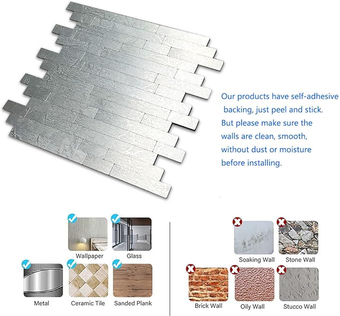 WEIMEISC 10 Sheets Peel and Stick Backsplash Tile for Kitchen, Self-Adhesive Mosaic Tile, Stick on Bathroom Vanities，Fireplace Décor, Laundry Table (Metal Grey Wooden Texture)
