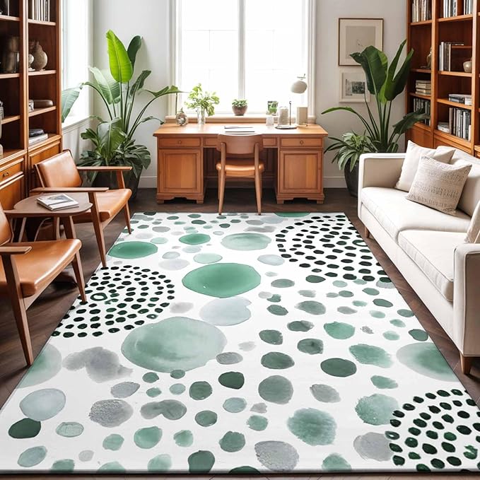 Area Rug 4x6ft, Abstract Teal Circles Washable Rugs for Living Room Bedroom, Sage Green Geometric Round Soft Non-Slip Area Rugs Rectangle Floor Carpet for Dining Room