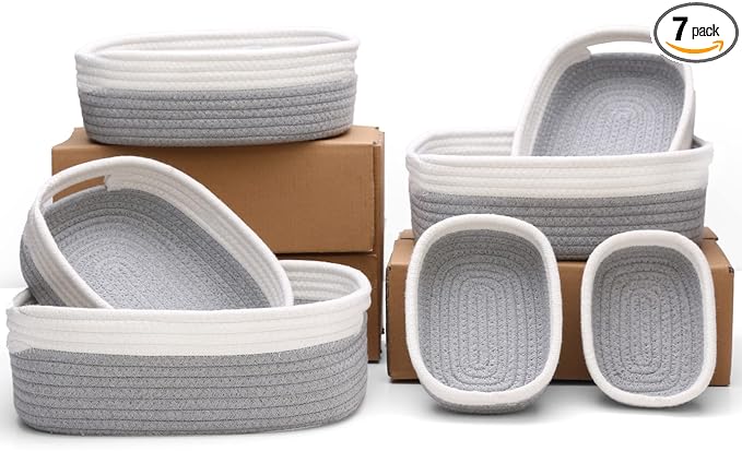 7 Piece Cotton Rope Woven Basket Set - Small Basket for Baby Nursery, Pets, Montessori, Dog & Cat Toy Boxes, Bathroom Organization Bins (White/Gray)