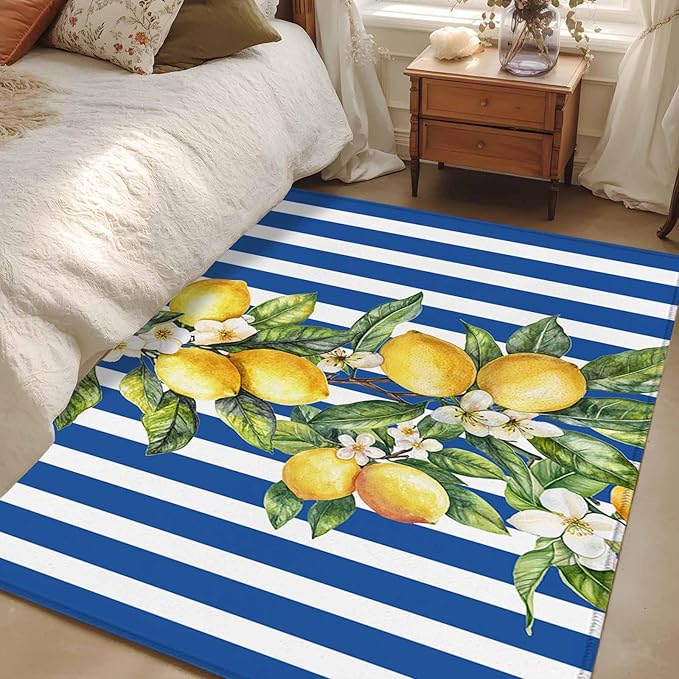 Area Rug 3x5ft, Summer Lemon Green Leaves Watercolor Washable Rugs for Living Room Bedroom, Blue Stripe Soft Non-Slip Area Rugs Rectangle Floor Carpet for Dining Room