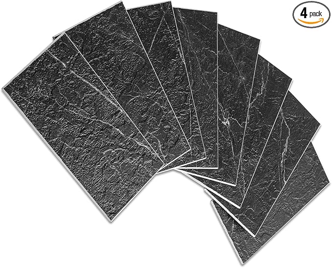 AULIGET Faux Stone Backsplash Peel and Stick PVC Tile, 3 Inch x 6 Inch Black Marble with White Grout Stick on Tiles for Backsplash, Pack of 4