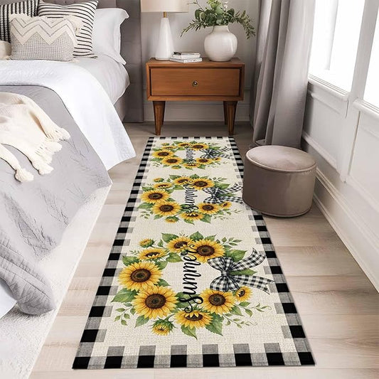 Runner Rug for Bedroom Hallway, Summer Words Farm Sunflowers Kitchen Runner Rugs Area Rug 2x6ft, Butterflies Country Floral Washable Soft Floor Carpet for Entryway Stair