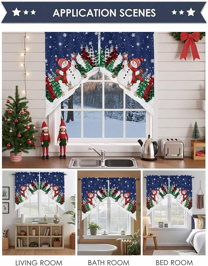 Christmas Snowman Swag Valance Curains Winter Xmas Tree Snowflakes Deep Blue Bottom Rod Pocket Kitchen Curtains Scalloped Window Treatment Valances Swag for Living Room Bedroom, 1 Pair, 36"W x 45"L