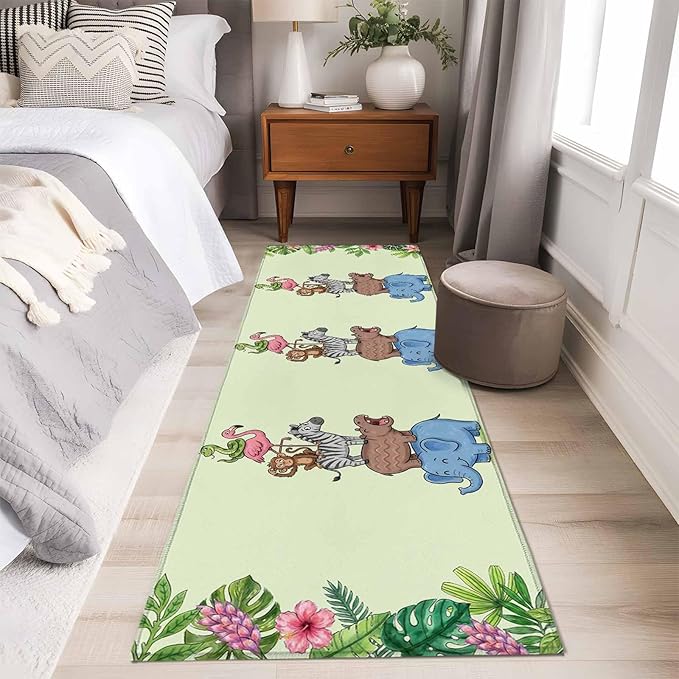 Runner Rug for Bedroom Hallway, Funny Elephant Zebra Flamingo Kitchen Runner Rugs Area Rug 2x6ft, Tropical Leaves Floral Washable Soft Floor Carpet for Entryway Stair