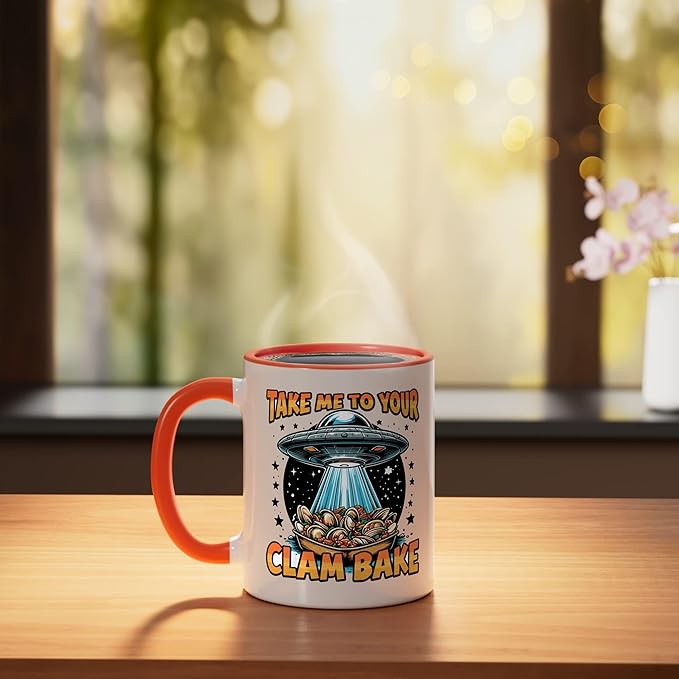 Take Me to Your Clam Bake East Coast Cuisine Funny Clam Bake Ceramic Mug, Orange/White