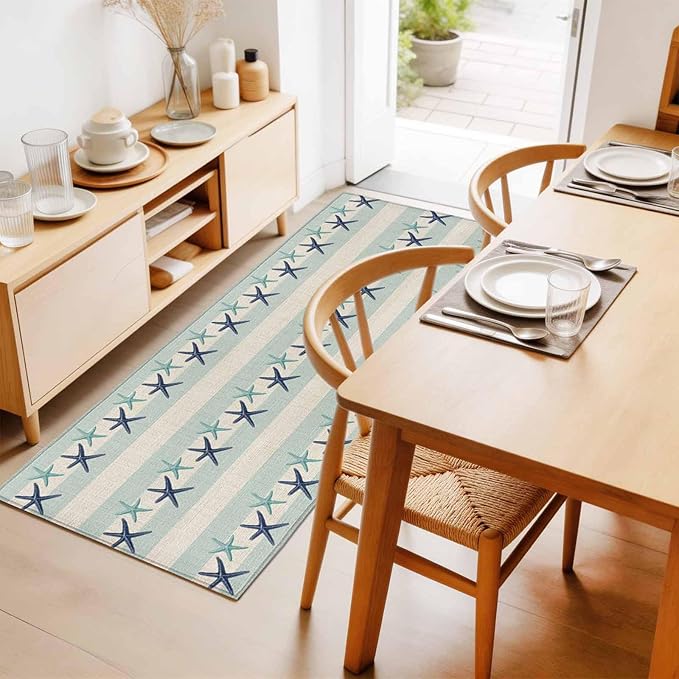 Runner Rug for Bedroom Hallway, Summer Ocean Blue Teal Starfish Kitchen Runner Rugs Area Rug 2x6ft, Sea Star on Farmhouse Linen Washable Soft Floor Carpet for Entryway Stair