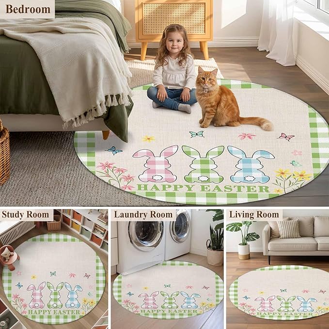 Washable Round Area Rug Happy Easter Bunny Shadow Flowers Circle Rugs Floor Carpet for Living Room Bedroom, Retro Linen Cotton and Grid Soft Non Slip Round Rug 5ft