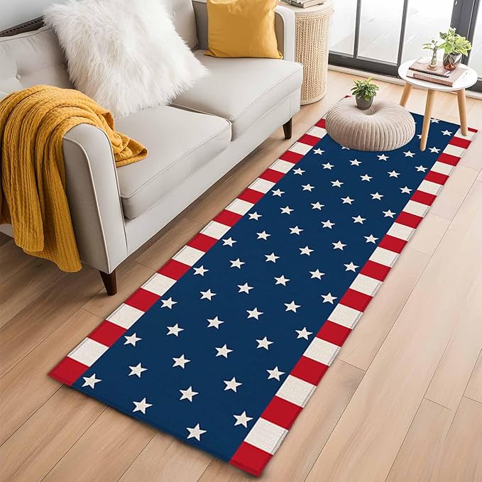 Runner Rug for Bedroom Hallway, American Independence Day Kitchen Runner Rugs Area Rug 2x6ft, USA Stars on Blue Red White Border Washable Soft Floor Carpet for Entryway Stair