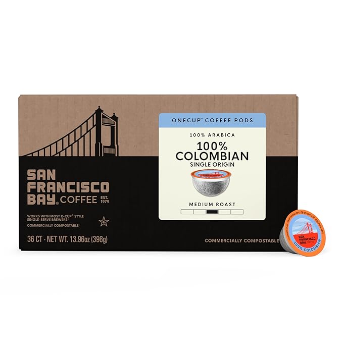San Francisco Bay K-Cup Coffee Pods, 100% Columbian (36 ct), Medium Roast, Commercially Compostable Single-Serve Coffee Pods