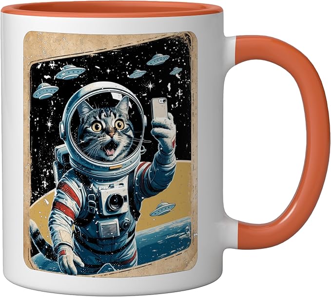 Space Cat Astronaut UFO Funny Sci-fi Alien Selfie Ceramic Mug, Orange/White