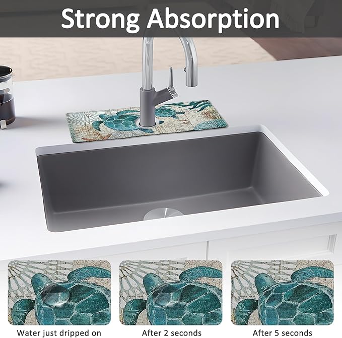 2PCS 15" X 5.5" Kitchen Sink Splash Guard Faucet Mat Sea Turtles Super Absorbent Fast Drying Faucet Guard & Draining Mat Sink Splash Guard Behind Faucet for Kitchen, Bathroom