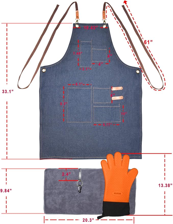 Grilling Apron Set Include 1 BBQ Glove, 1 Bottle Opener, 1 Towel and 1 Denim Apron for Chef Kitchen BBQ Grill, Nice Fathers Day or Dad Birthdays Gifts