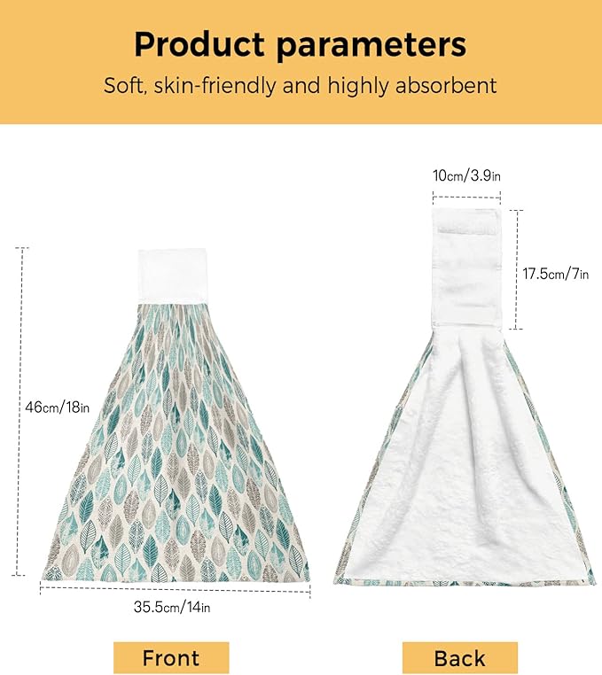 Alandar Home Kitchen Tie Towel Set of 2, Teal Leaf Gray Gradient Leaves Absorbent Soft Hand Towels for Bathroom Hanging Towels, Farm Plant Vintage Linen Fast Drying Cleaning Cloth with Loop