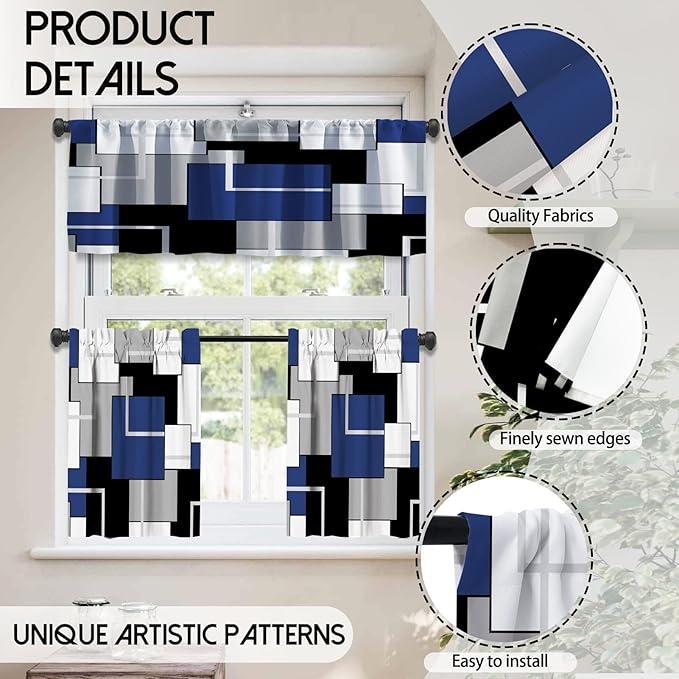 MCALK Navy Blue Blackout Kitchen Curtains Tiers and Valances for Windows, Geometric Modern Art Kitchen Window Curtains, Grey and Black Valances for Living Room (36" Tiers Set)