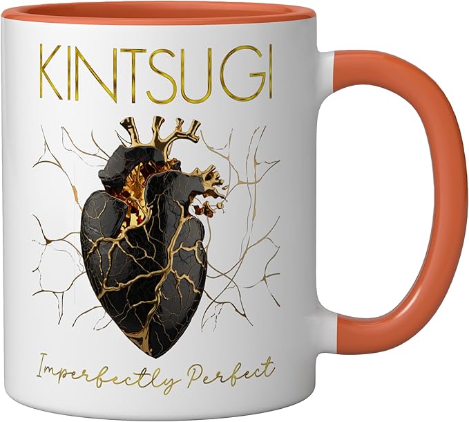 Kintsugi Pottery Golden Heart Japanese Art repair Pottery Ceramic Mug, Orange/White