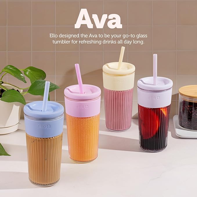 Ello Ava 18oz Glass Tumbler with Straw and Lid | Premium Ribbed Glass with Silicone Grip, Car Cup Friendly, Dishwasher Safe, BPA Free | Iced Coffee, Water, Matcha, Juice Cup | Lemon