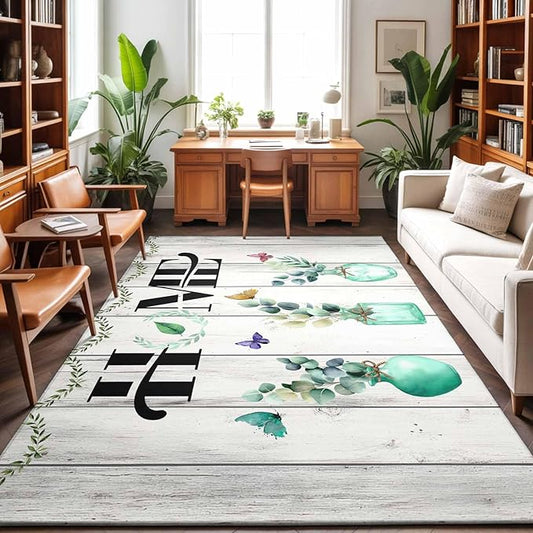 Area Rug 3x5ft, Summer Eucalyptus Leaf Colorful Butterfly Washable Rugs for Living Room Bedroom, Home Text Wood Plank Soft Non-Slip Area Rugs Rectangle Floor Carpet for Dining Room