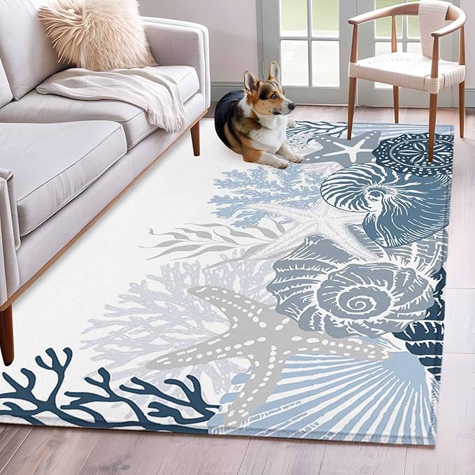 Area Rug 4x6ft, Underwater Blue Shells Starfish Coral Washable Rugs for Living Room Bedroom, Summer Botantical Soft Non-Slip Area Rugs Rectangle Floor Carpet for Dining Room