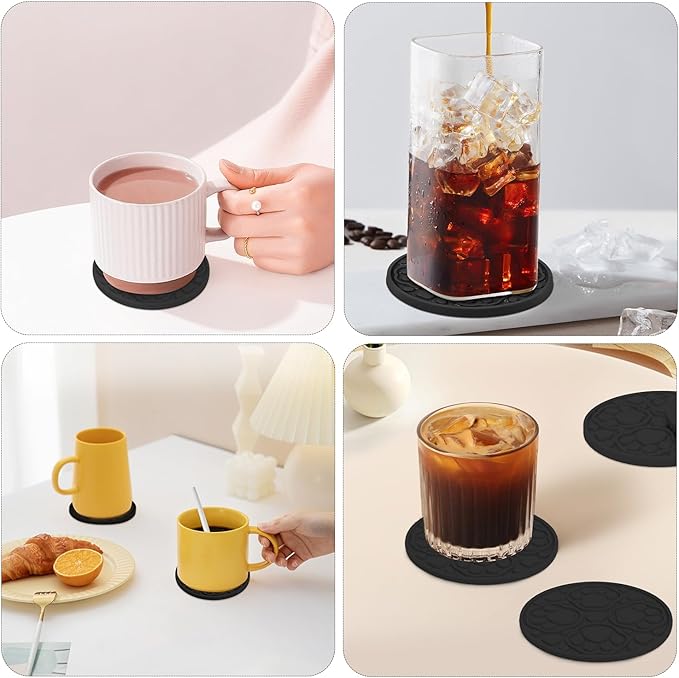 Black Silicone Coasters with Holder, 4 Inch Modern Non-Slip Drink Coasters Set of 6, Decorative Cup Mats for Desk, Tabletop, Coffee, Beer & Beverage, Dishwasher Safe - Housewarming Gift