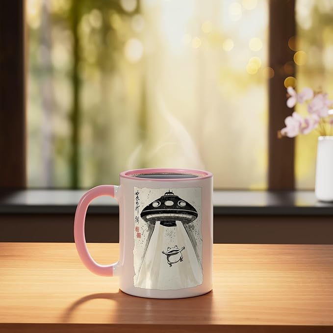 Ukiyo-e Style UFO Abducting Cute Frog Ink Art Painting Ceramic Mug, Pink/White