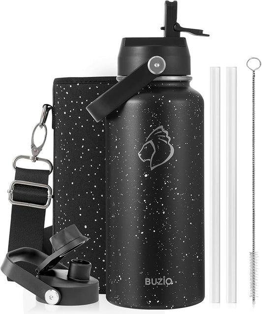 BUZIO 32 oz Water Bottle Insulated, Leakproof Stainless Steel Flask (Cold for 48 Hrs), Wide Mouth BPA-Free Metal Thermo Hydro Canteen with 2 Lids, Starry Day & Night