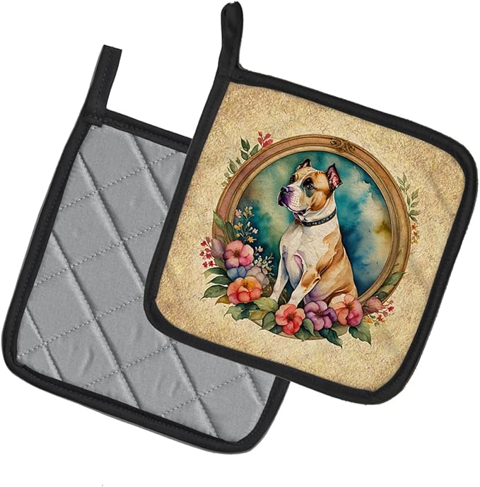Caroline's Treasures American Staffordshire Terrier and Flowers Pair of Pot Holders Kitchen Heat Resistant Pot Holders Sets Oven Hot Pads for Cooking Baking BBQ, 7 1/2 x 7 1/2