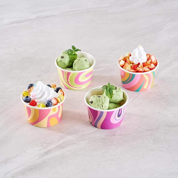 Restaurantware Paper Cups 200 Count 8 Ounce Square Disposable Ice Cream Containers, Leak-Resistant Paper Dessert To Go Cups, Hot And Cold Food, Durable Assorted Groove Swirl Design