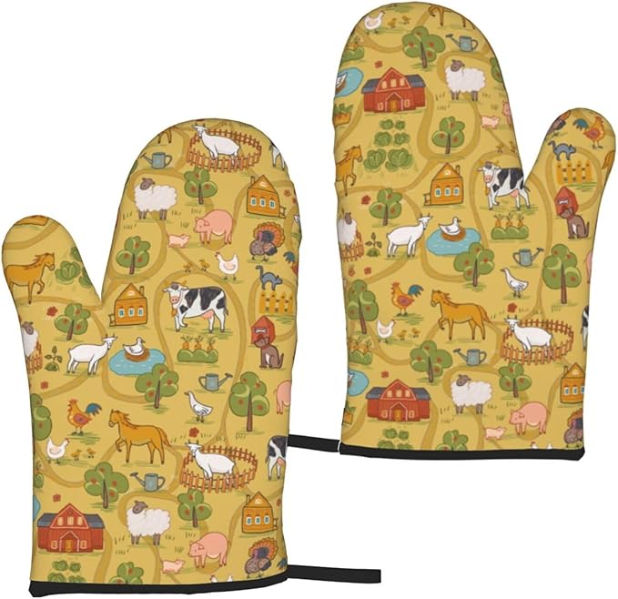 Farm Animals Design Oven Mitts of 2-Pack Set, Funny Kitchen Gloves Heat Resistant Non-Slip Kitchen Mitts Safe Cooking Baking Grilling
