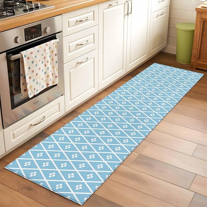 Runner Rug for Bedroom Hallway, Boho Blue White Plaid Line Kitchen Runner Rugs Area Rug 2x6ft, Abstract Geometric Diamond Washable Soft Floor Carpet for Entryway Stair