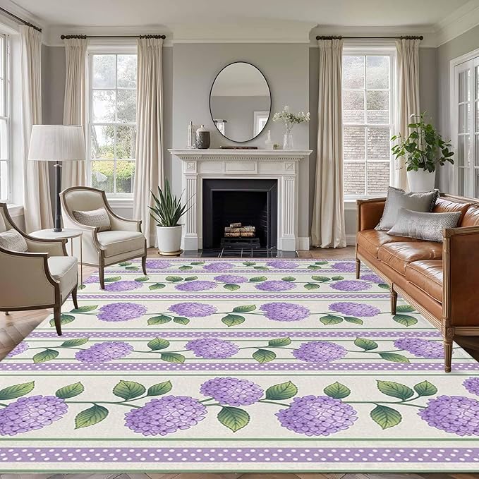 Area Rug 8x10ft, Watercolor Hydrangea Flower Washable Rugs for Living Room Bedroom, Spring Floral Leaves on Linen Soft Non-Slip Area Rugs Rectangle Floor Carpet for Dining Room