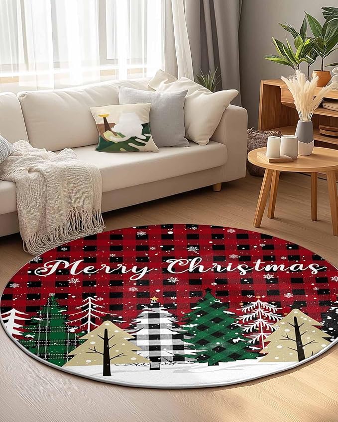 Round Area Rug,Christmas Tree Red Black Buffalo Plaid Circle Living Room Rug Non-Slip Rugs Indoor Carpet,Winter Snowflake Seamless Soft Comfort Rugs for Bedroom KidsRoom Nursery