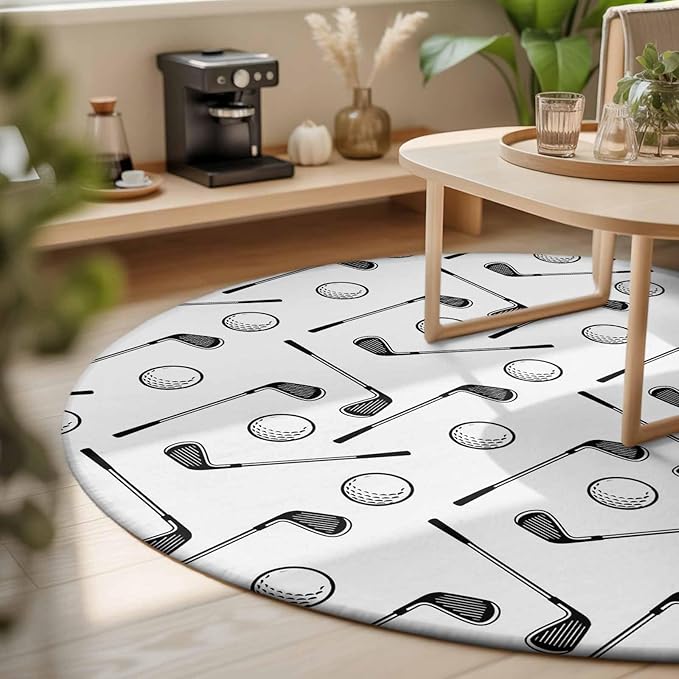 Washable Round Area Rug Golf Club Ball Seamless Pattern Circle Rugs Floor Carpet for Living Room Bedroom, Modern Minimalist Art Soft Non Slip Round Rug 3ft