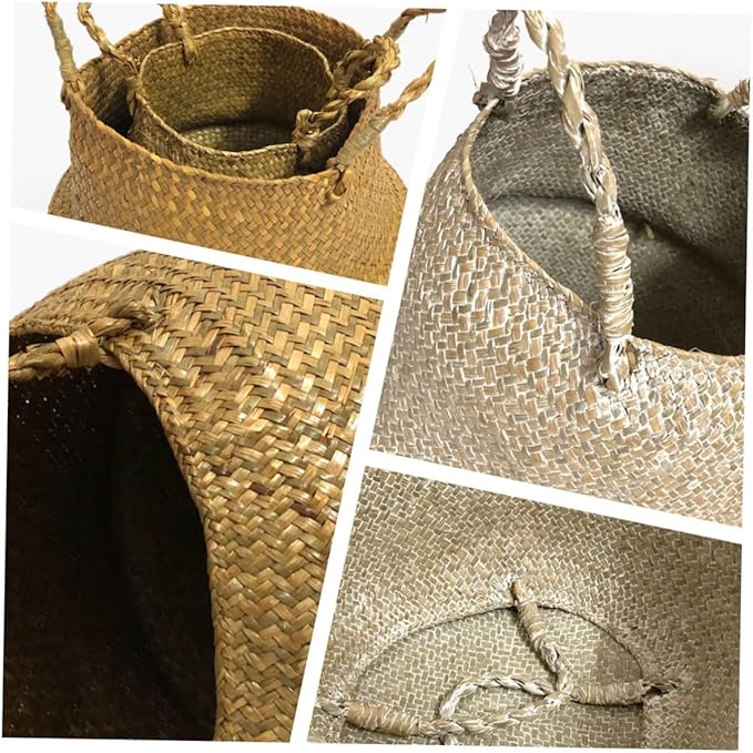 Handmade Foldable Seaweed Storage Basket Woven Decorative Basket for Organizing Clothes Toys and Plants Small Yellow