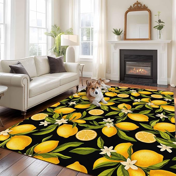 Area Rug 6x9ft, Summer Lemon Flower Washable Rugs for Living Room Bedroom, Plant on Black Soft Non-Slip Area Rugs Rectangle Floor Carpet for Dining Room