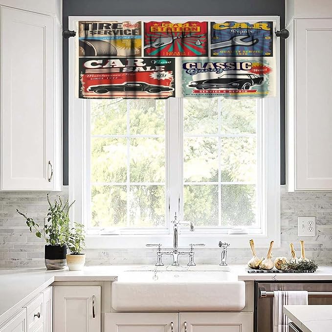Vintage Car Signs Valance Curtain Retro Automobile Advertising Repair Vehicle Garage Servicing Rod Pocket Valance Window Treatments Short Curtains for Kitchen Bathroom 54x18inch